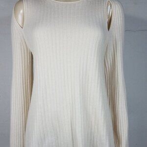 Vince off-white cream 100% Cashmere ribbed open shoulder pullover sweater Medium